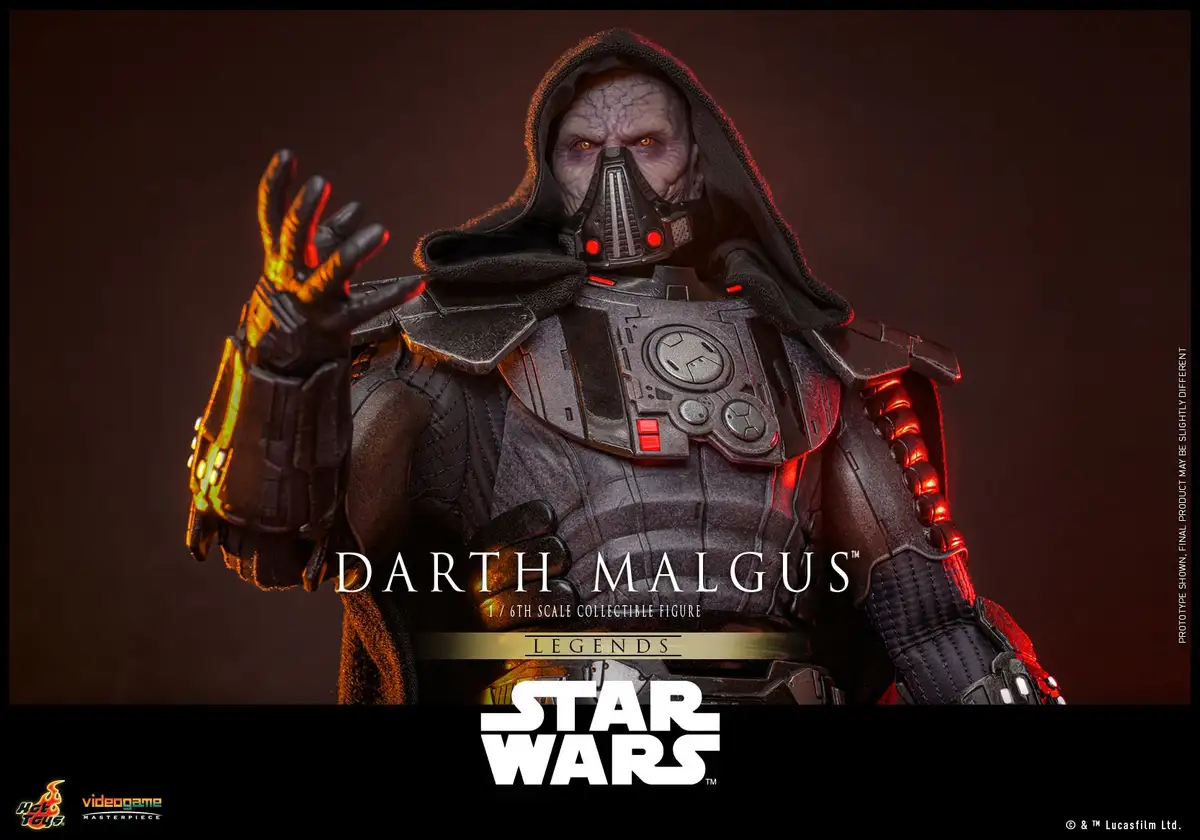 A highly detailed collectible figure of Darth Malgus from Star Wars Legends, shown in full armor with a hood and mask…