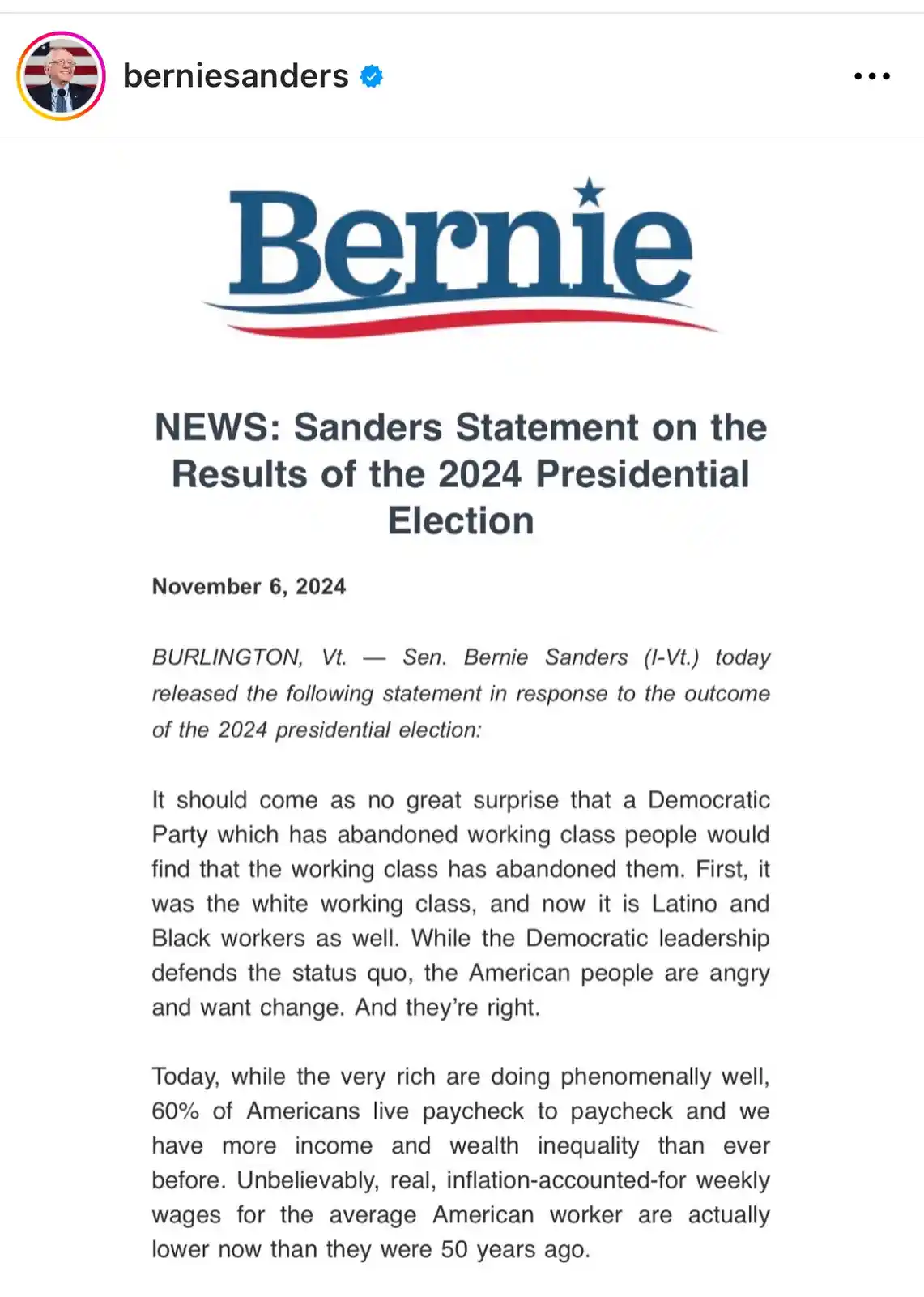 A screenshot of a fabricated news article from November 6, 2024, titled 'NEWS: Sanders Statement on the Results of the 2024…