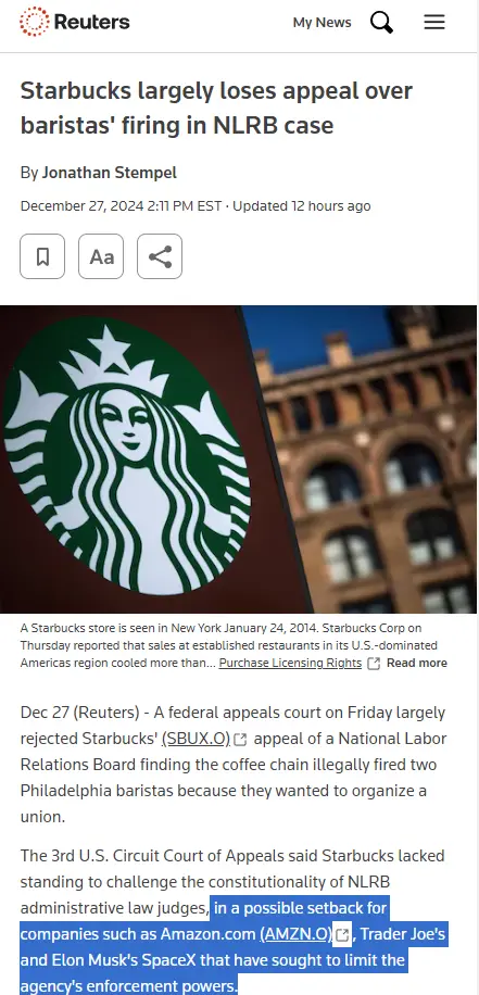 A screenshot of a Reuters news article about Starbucks losing a labor appeal, with the headline and article text visible…