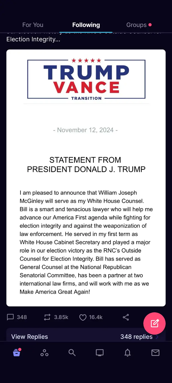 The image displays a fabricated social media post styled as a 'TRUMP VANCE TRANSITION' statement dated November 12, 2024…