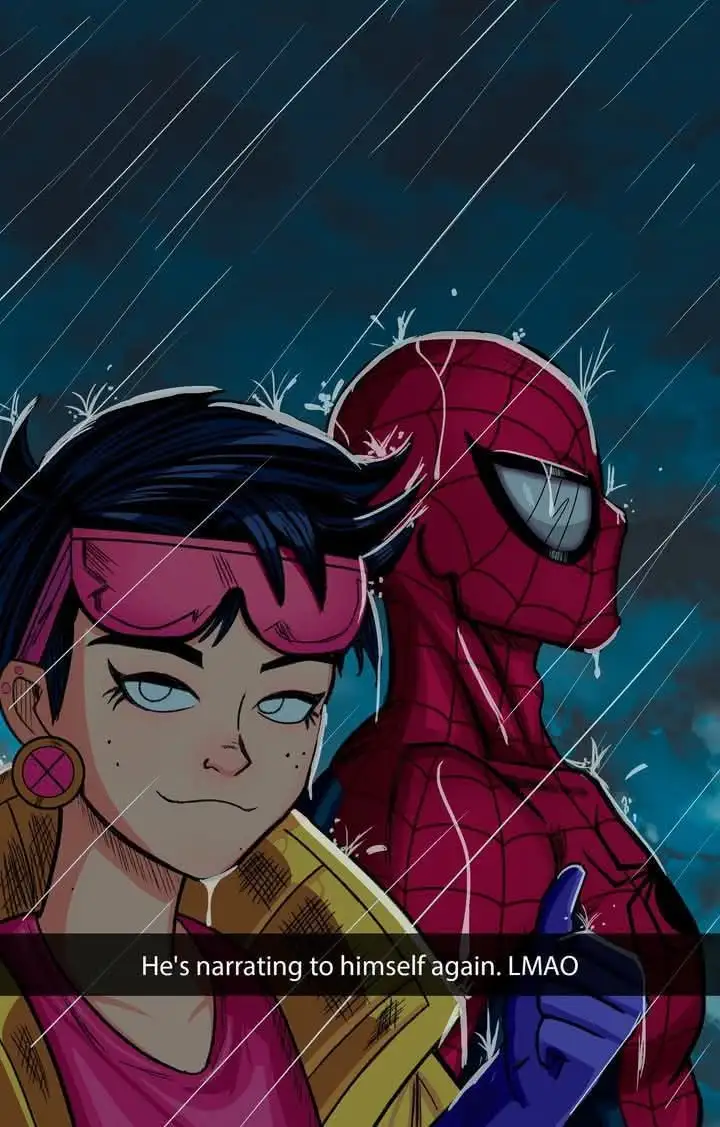 An illustration of Spider-Man and a female character with pink goggles and a yellow jacket standing in heavy rain…