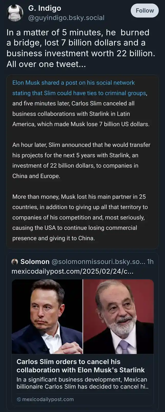 The image displays a social media post by 'G. Indigo' detailing how Elon Musk allegedly lost $7 billion and a $22 billion…
