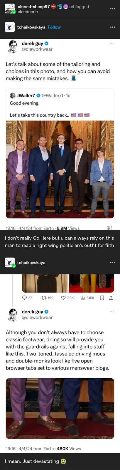 A screenshot of a Twitter thread where user 'derek guy' critiques the fashion choices of five men in a formal photo…