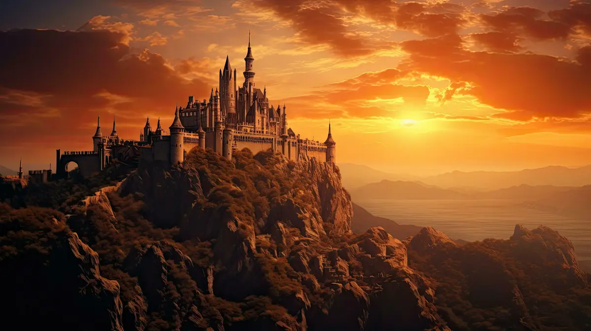 A majestic, sprawling castle with multiple spires and turrets sits atop a steep, rocky cliff overlooking a vast ocean and…