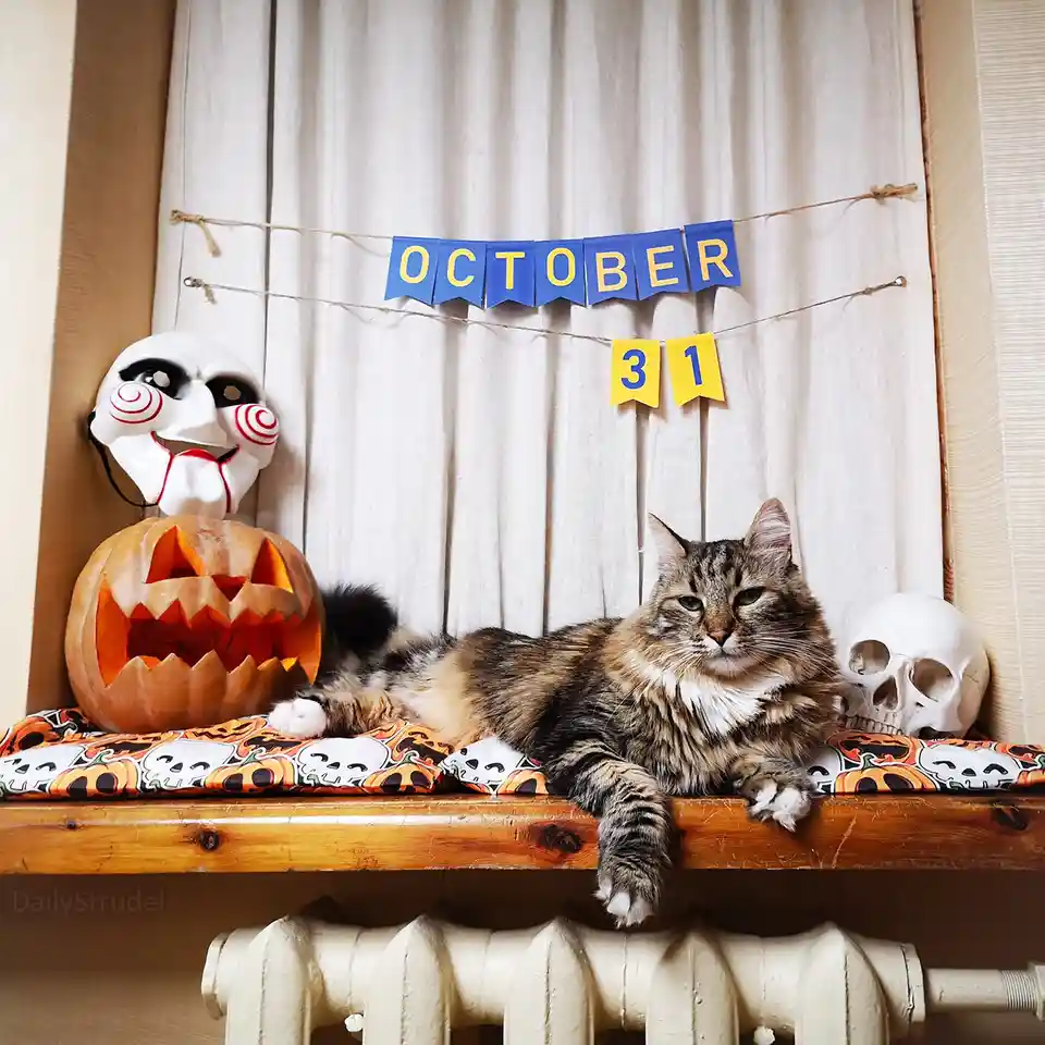 A fluffy tabby cat lounges on a Halloween-themed cushion on a wooden shelf, surrounded by a carved pumpkin, a Jigsaw mask…