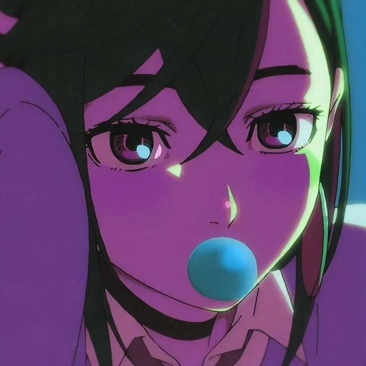 A close-up anime girl with dark hair and glowing blue eyes has a large blue bubblegum bubble in her mouth. Her face is…