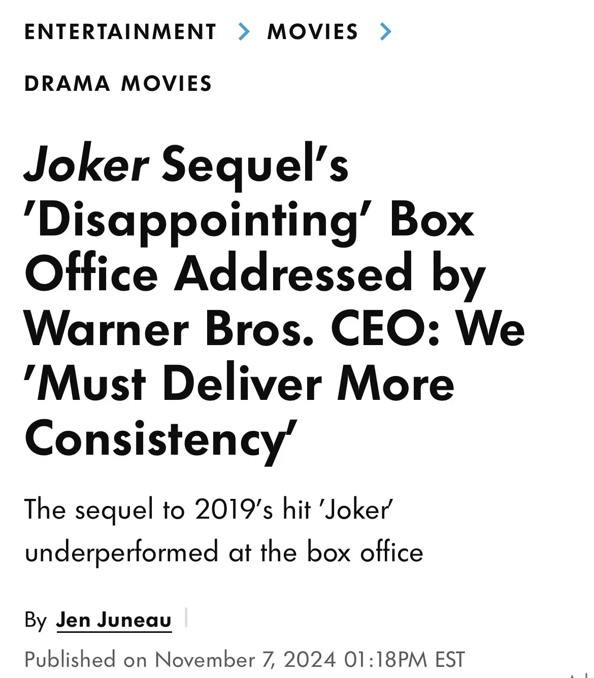 A screenshot of a news article headline about the 'Joker' sequel's box office performance, with the title reading 'Joker…