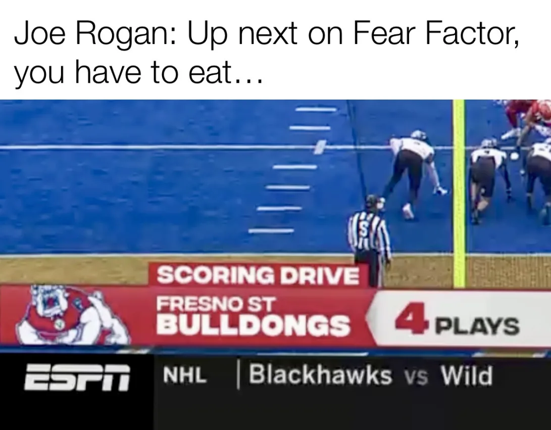 A screenshot from an ESPN broadcast of a Fresno State Bulldogs football game, showing players on the field near the goal…