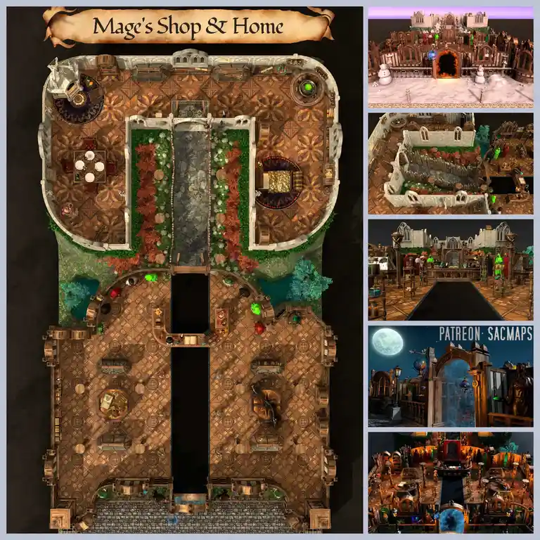 An overhead map labeled 'Mage's Shop & Home' shows a sprawling, ornate fantasy building with intricate wooden floors…