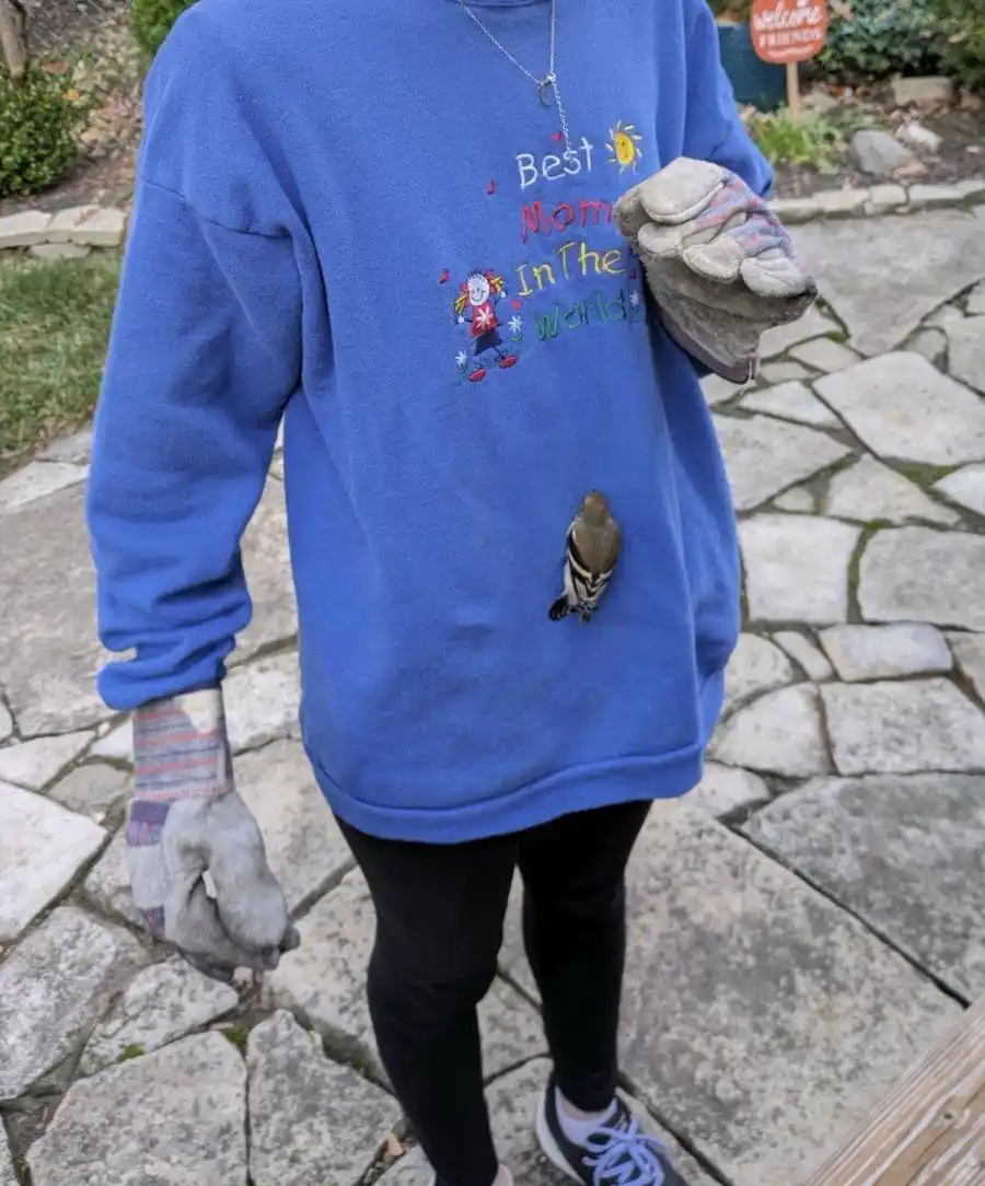 A person wearing a blue sweatshirt with the embroidered text 'Best Mom In The World' and a cartoon girl design stands…