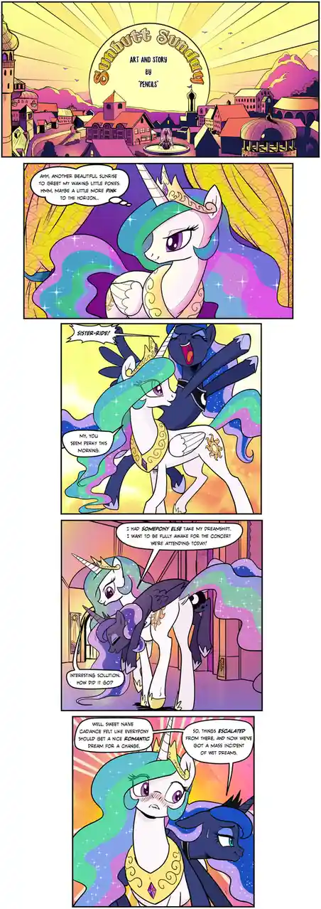 A comic strip from 'Sunbutter Sunday' by 'Pencils' shows a regal unicorn princess admiring a sunrise, then having a…