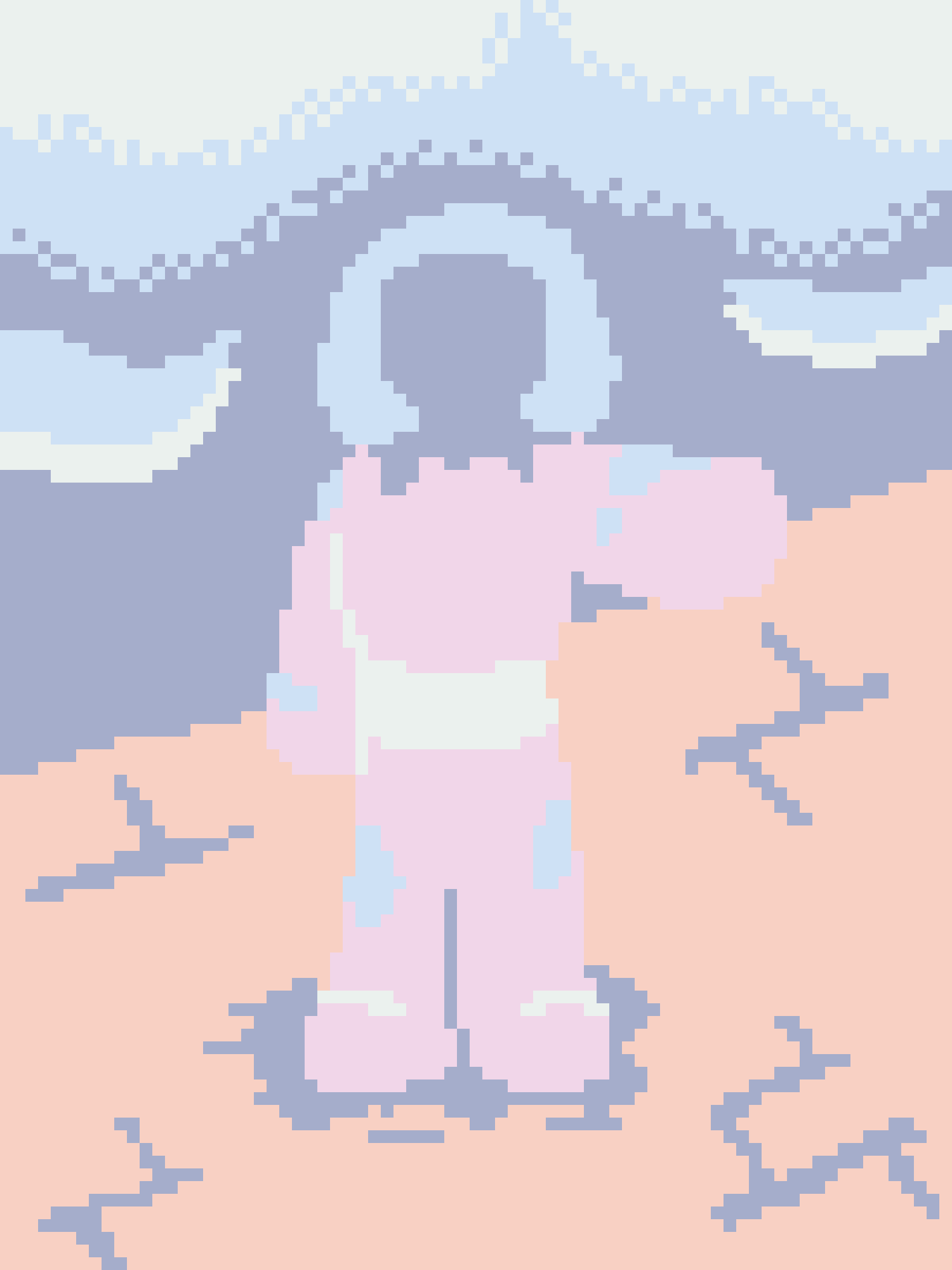 A low-resolution pixel art image shows a character with light blue hair and a pink outfit, standing against a pale peach…