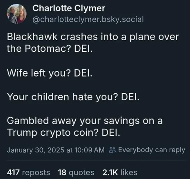 A screenshot of a social media post by Charlotte Clymer showing a list of increasingly absurd scenarios, each followed by…