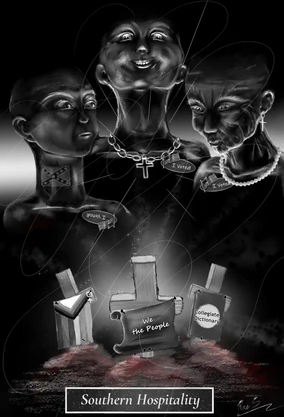 A black-and-white illustration shows three Black figures with 'I Voted!' stickers on their chests, one with a Confederate…