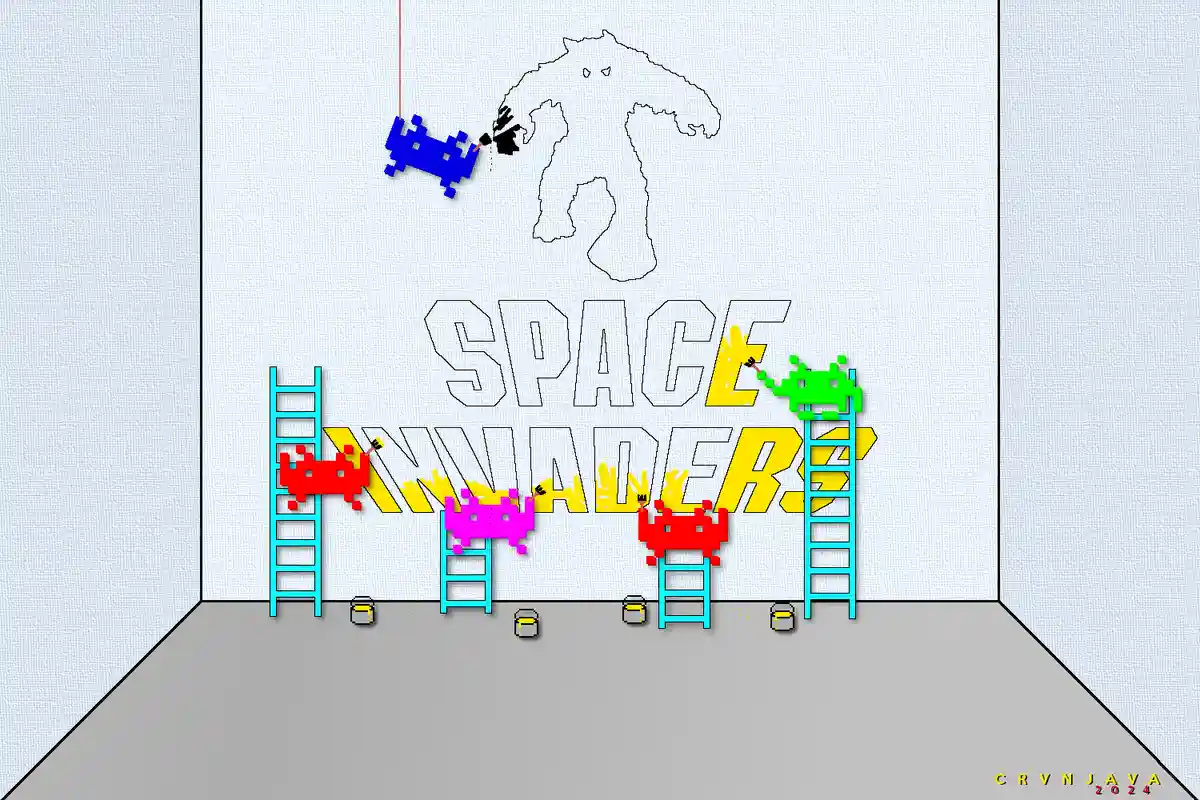 A pixel-art image depicts a room with four ladders, each holding a classic Space Invaders alien (red, pink, red, green)…
