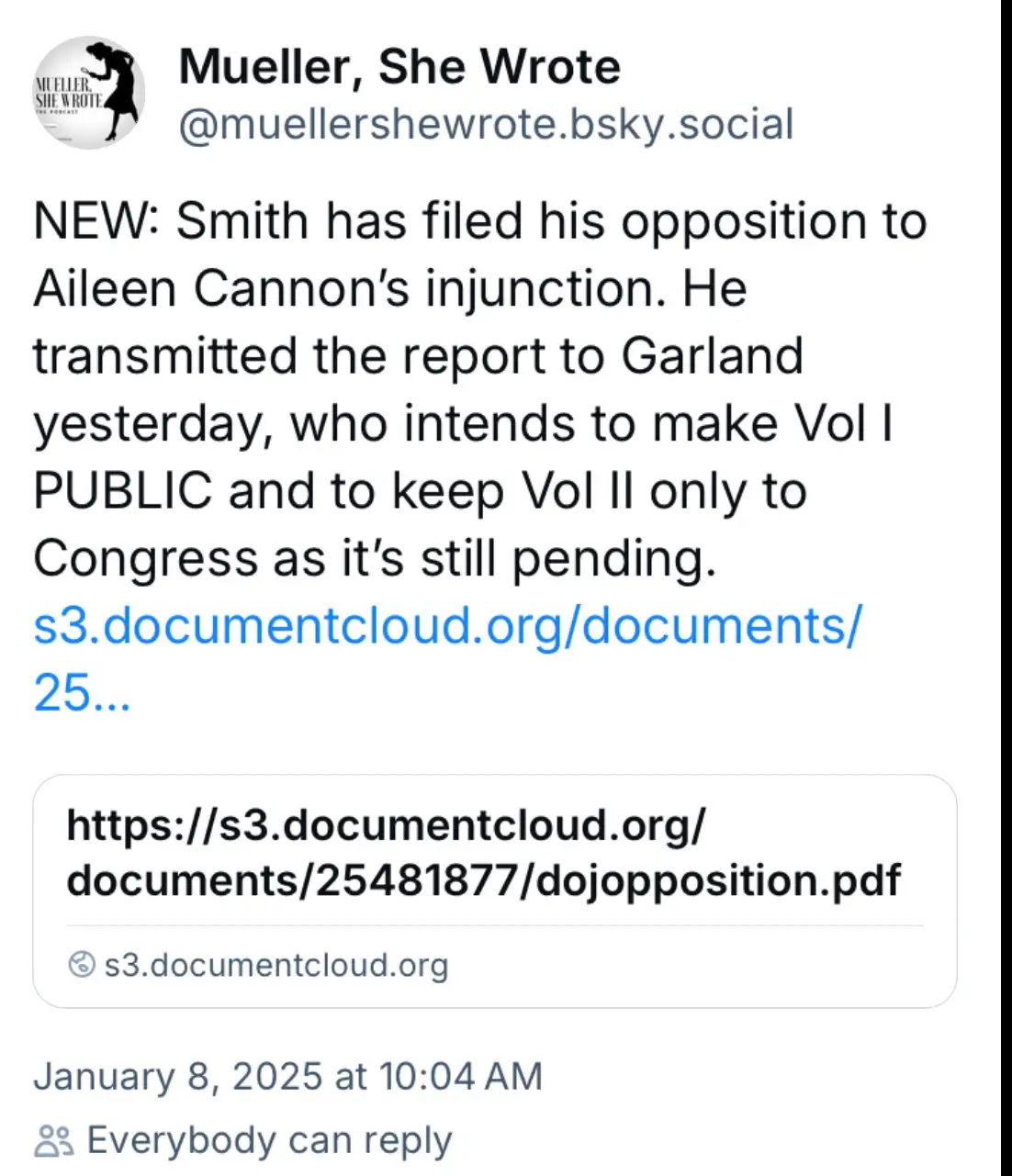 A screenshot of a Bluesky post from 'Mueller, She Wrote' dated January 8, 2025, announcing that Smith filed opposition to…