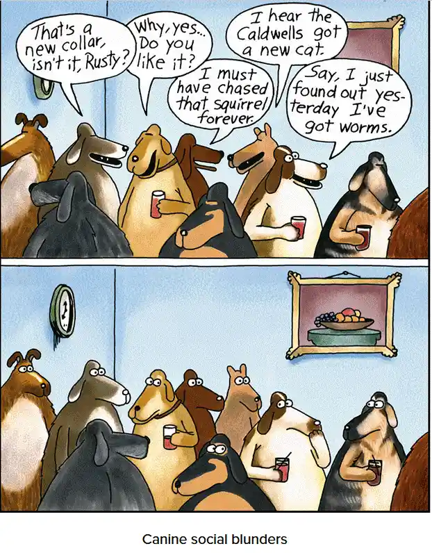 A two-panel comic strip featuring cartoon dogs in a social gathering. In the top panel, one dog named Rusty is asked about a…