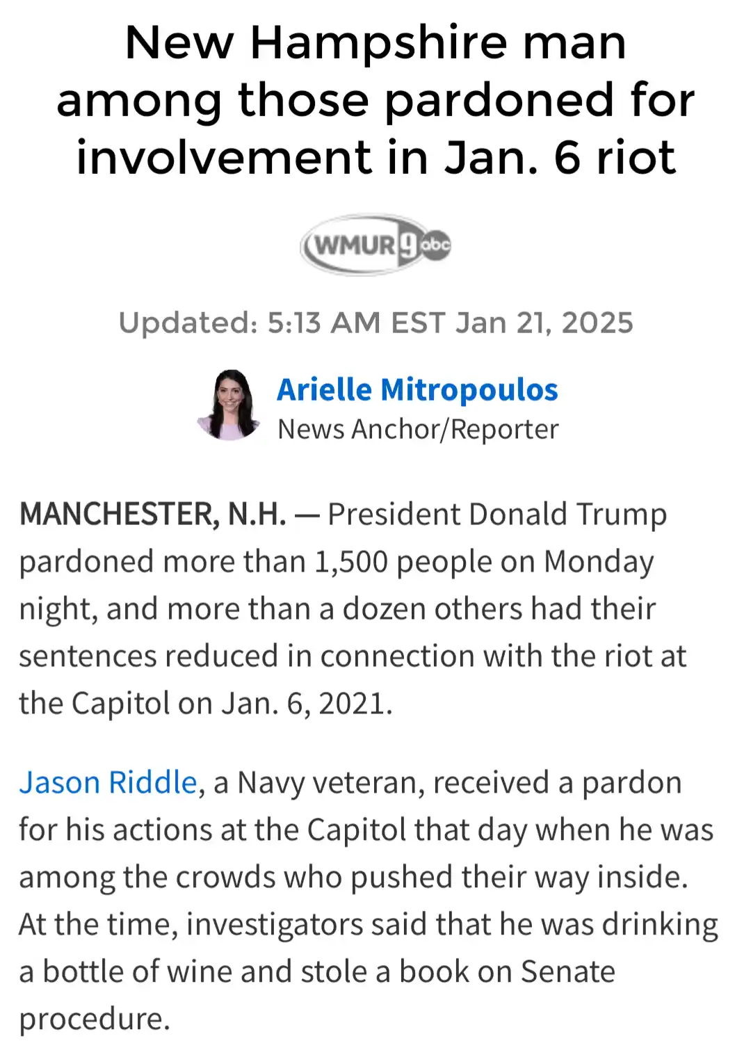 A screenshot of a WMUR 9 ABC news article from January 21, 2025, reporting that Jason Riddle, a Navy veteran from New…