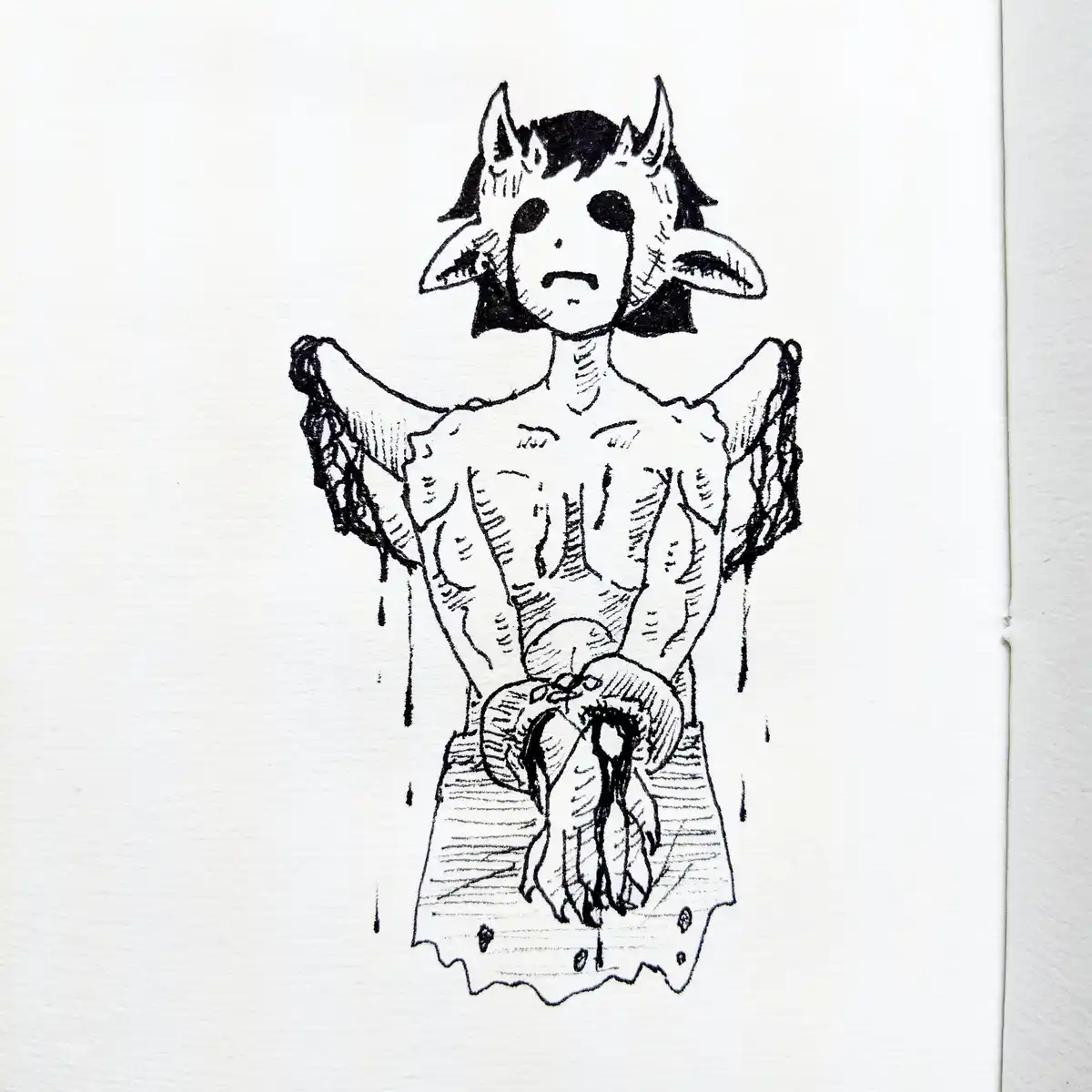 A black-and-white ink drawing shows a humanoid figure with horns, goat-like ears, and a distressed expression, wearing a…