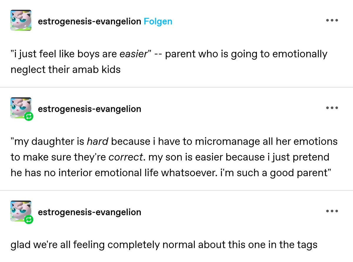 The image shows a social media post with three text entries from a user named 'estrogenesis-evangelion'. The first entry…