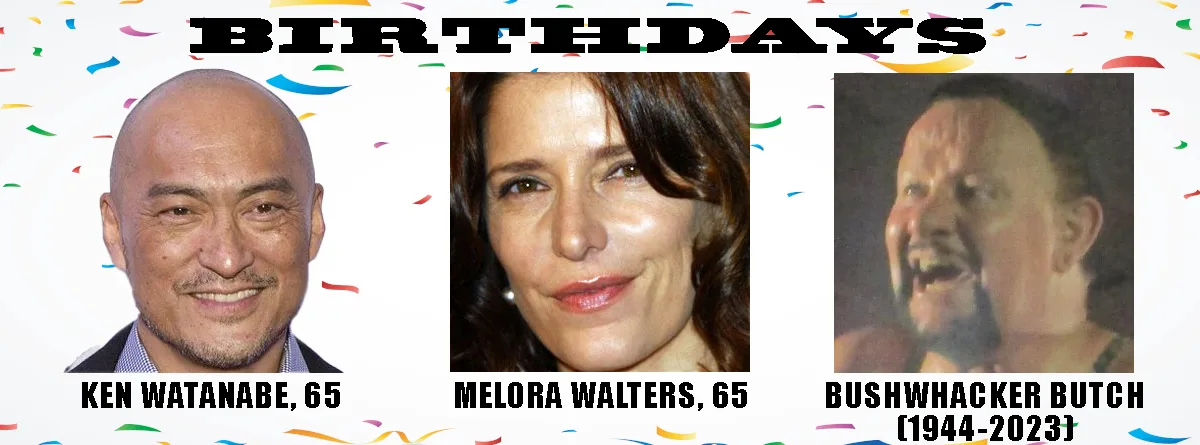 A birthday meme template with confetti background and three headshots: Ken Watanabe smiling, Melora Walters smiling, and…