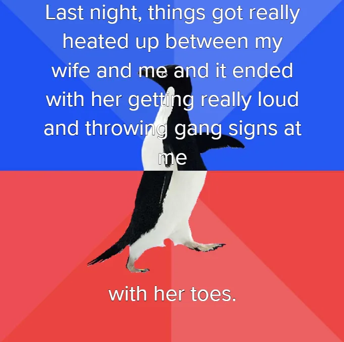 A penguin stands centered against a blue and red background, with white text overlaid. The text reads: 'Last night, things…