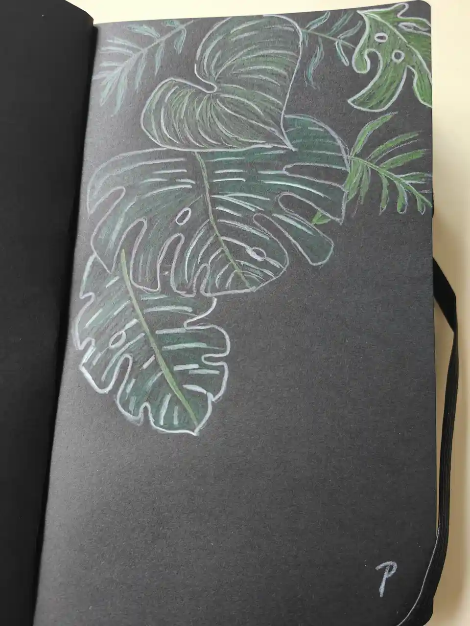 A hand-drawn illustration of large green tropical leaves, including monstera and palm fronds, on dark grey textured paper…