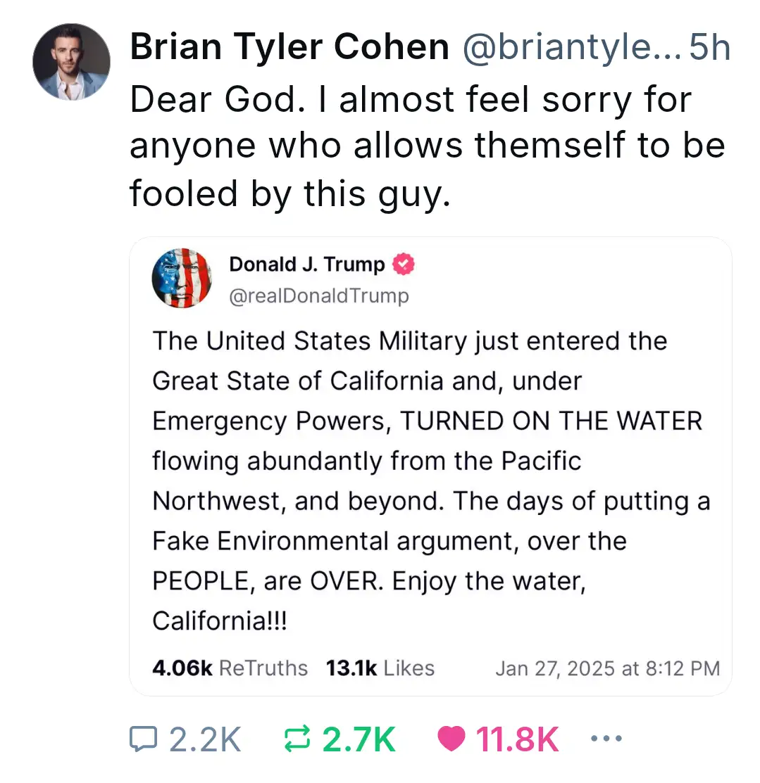 A screenshot of a tweet by Brian Tyler Cohen reacting to a fictional tweet from Donald J. Trump. Trump's tweet falsely…