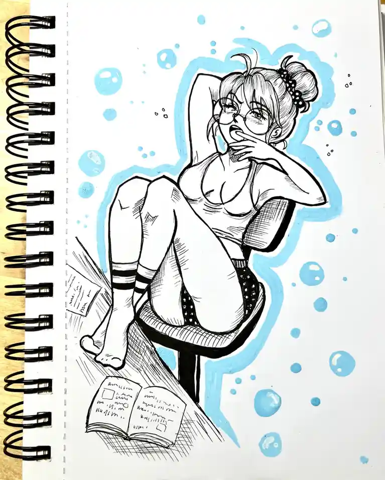 A black-and-white line drawing of a woman with glasses and her hair in a bun, sitting on a stool with her legs crossed, one…