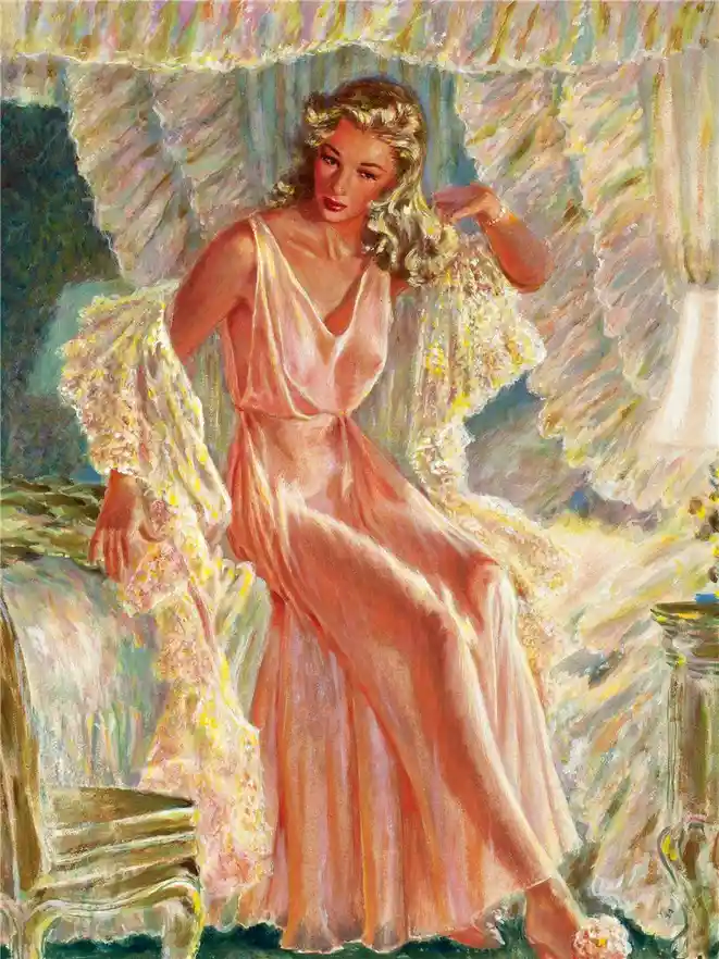 A vintage-style painting depicts a blonde woman in a peach-colored satin slip dress, sitting on a chair and holding a yellow…