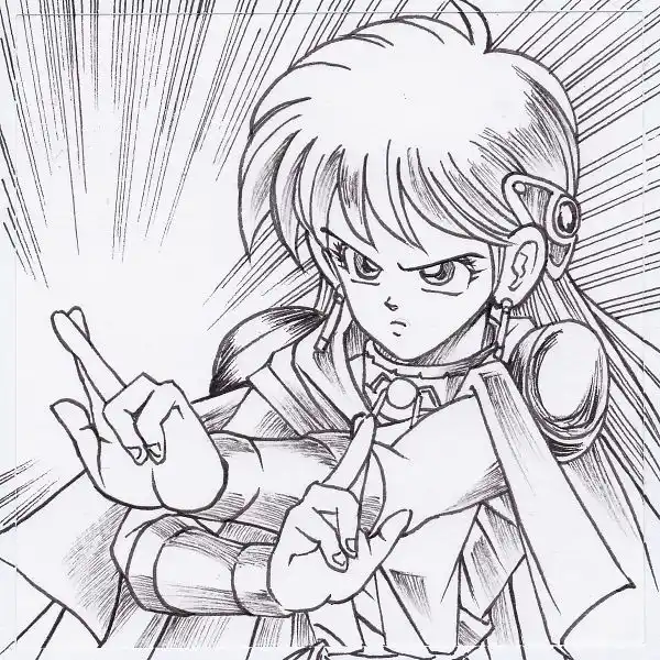 A black-and-white anime-style drawing of a female character with an angry expression, making a defiant hand gesture with…