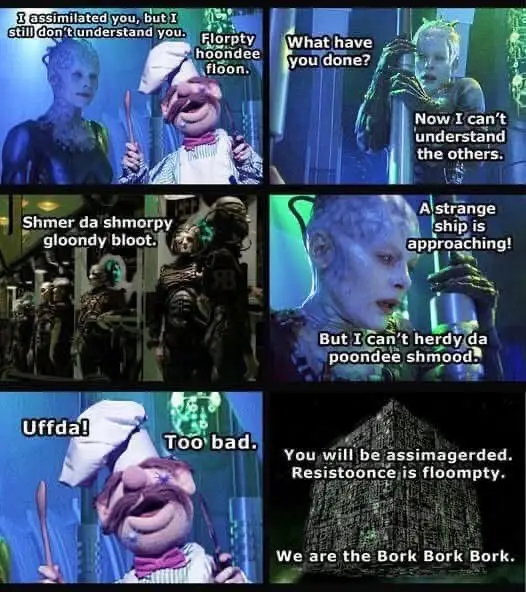 A six-panel comic strip featuring characters from 'The Fifth Element' and 'The Muppet Show'. The alien character, Zorg…