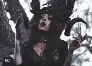 A six-panel image sequence shows a woman with dark horns, blood on her face, and a distressed expression, progressively…
