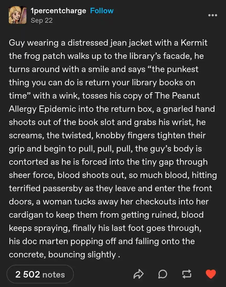 A screenshot of a social media post with a long text description of a fictional, violent, and absurd scenario involving a…