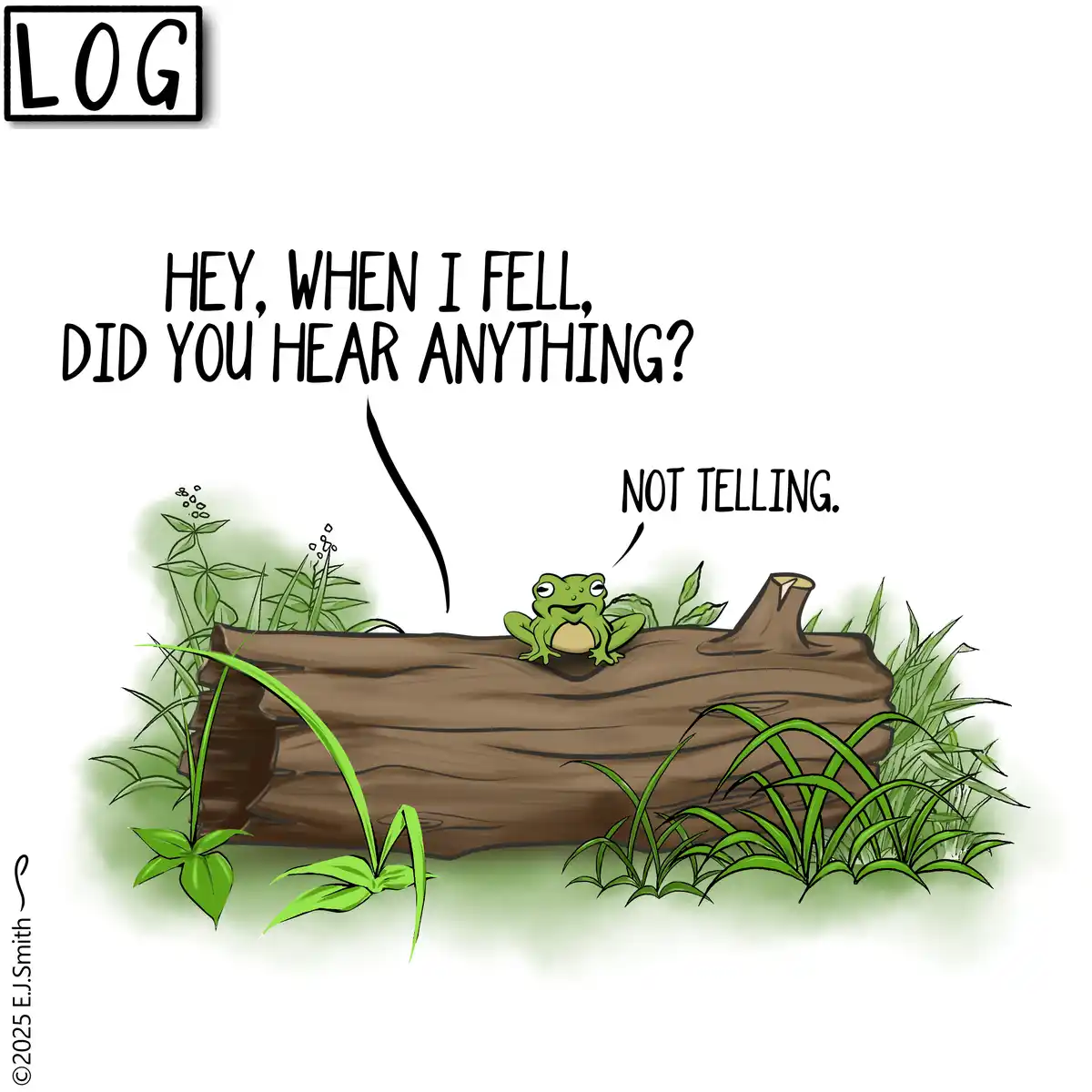 A cartoon green frog sits on a brown log surrounded by green grass and plants. The frog asks, 'HEY, WHEN I FELL, DID YOU…