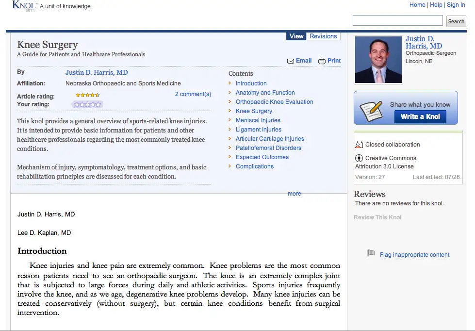 The image shows a screenshot of a 'Knol' article titled 'Knee Surgery' by Justin D. Harris, MD, from the now-defunct Google…