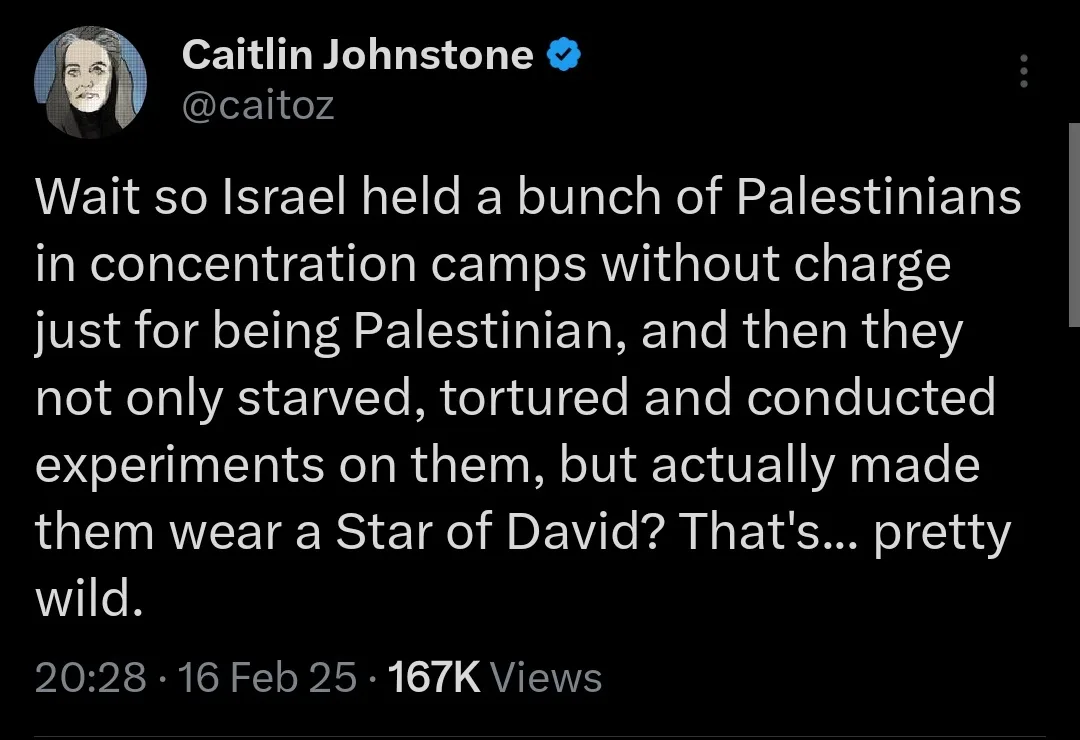 A screenshot of a tweet by Caitlin Johnstone (@caitoz) with a black background and white text. The tweet reads: 'Wait so…