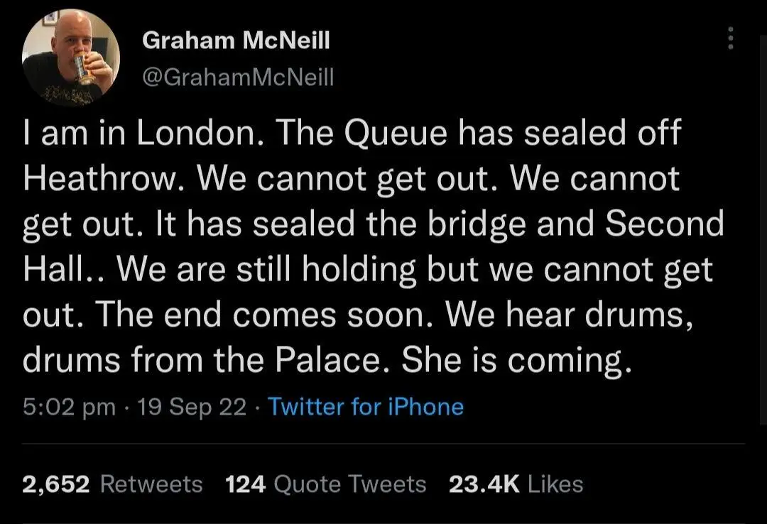 A screenshot of a Twitter post by Graham McNeill showing a man drinking from a can in his profile picture. The tweet…