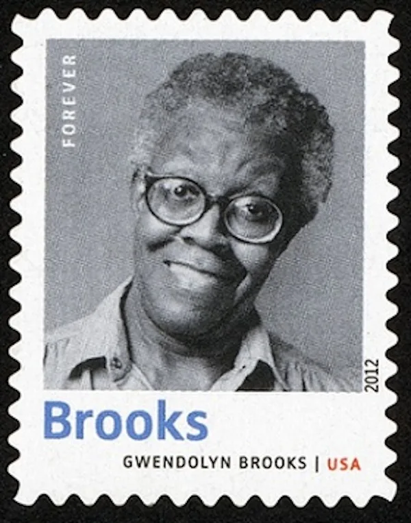 A U.S. forever stamp from 2012 featuring a black-and-white portrait of poet Gwendolyn Brooks, who is smiling and wearing…