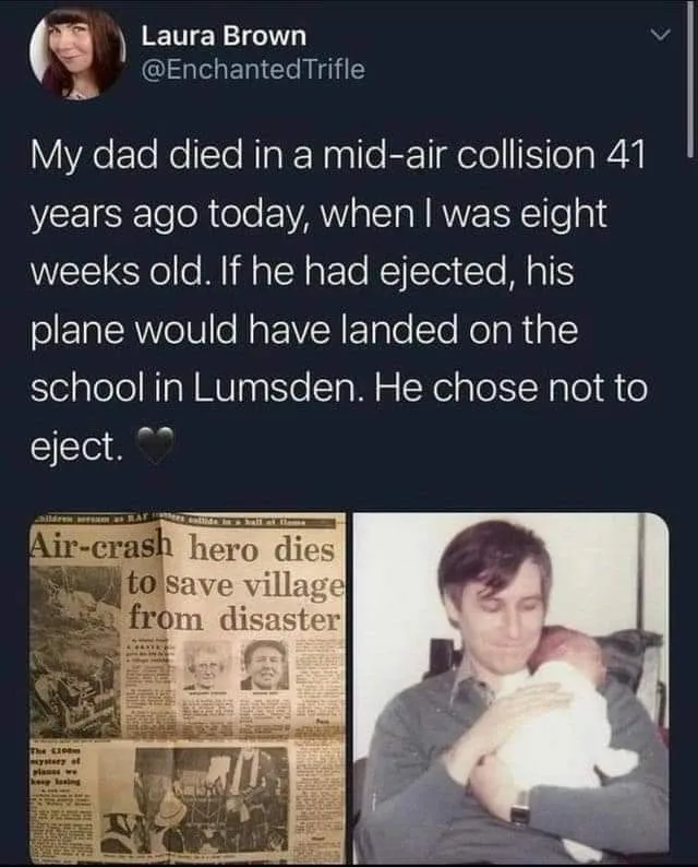 A tweet by Laura Brown (@EnchantedTrifle) shares a poignant story about her father's death in a plane crash 41 years ago…