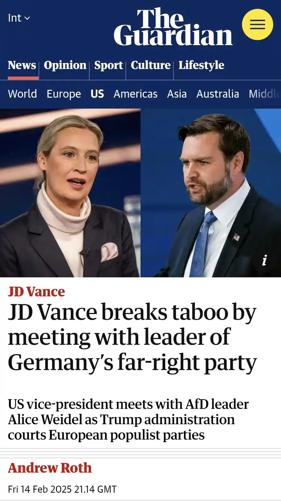 A screenshot of a The Guardian news article shows a split image of US Vice President JD Vance and Alice Weidel, leader of…