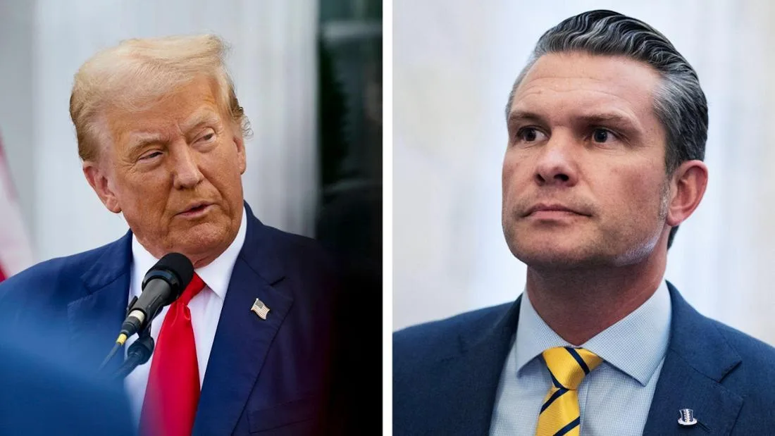 The image is a side-by-side split of Donald Trump on the left speaking into a microphone, wearing a blue suit and red tie…