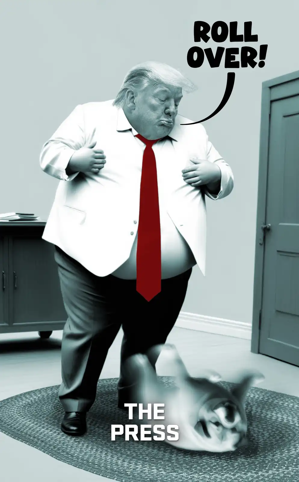 A man in a white shirt and red tie, resembling Donald Trump, stands over a blurry dog lying on its back on a rug. He has his…