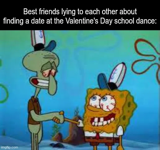 Squidward and SpongeBob are shown holding hands in a scene from SpongeBob SquarePants, both wearing hats with what appears…
