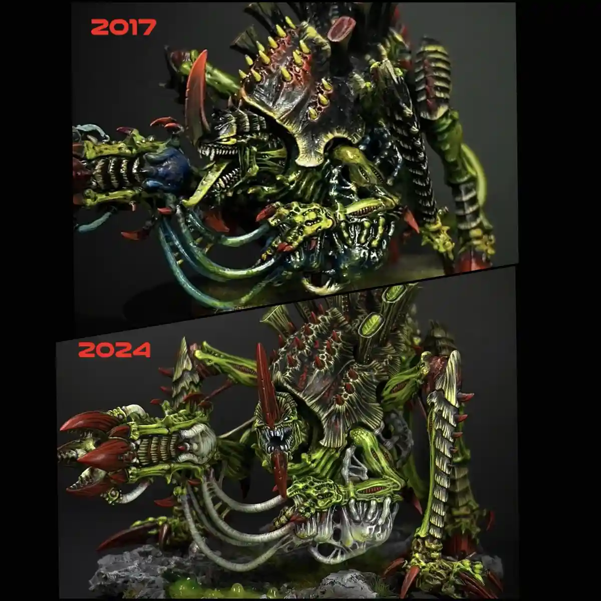 The image displays two photos of a grotesque, green and red painted miniature monster, labeled '2017' on top and '2024' on…