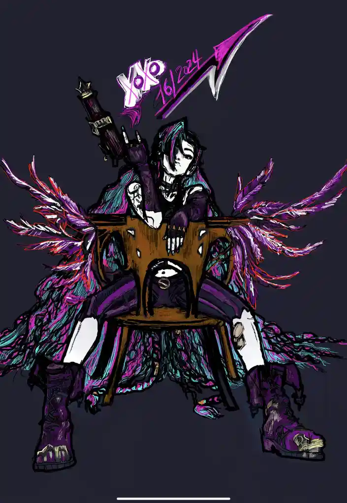 An anime-style character with purple and teal hair, wearing a purple outfit with feathered wings, sits atop a wooden chair…