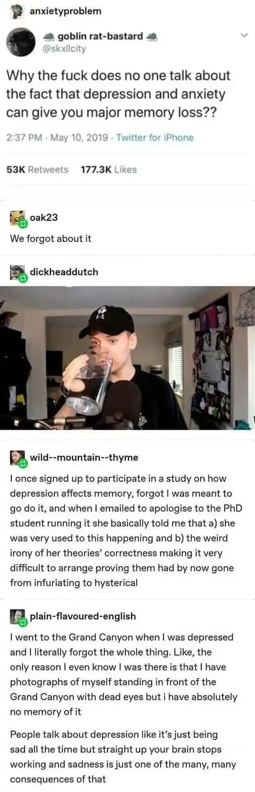 A screenshot of a Twitter thread where a user asks why no one talks about depression and anxiety causing major memory loss…