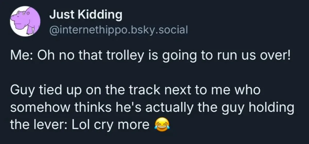 A screenshot of a social media post by 'Just Kidding' with a purple hippo avatar. The post features white text on a dark…