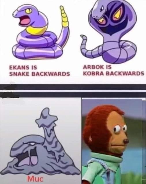 The image displays two Pokémon, Ekans and Arbok, with text explaining their names are backwards versions of 'snake' and…