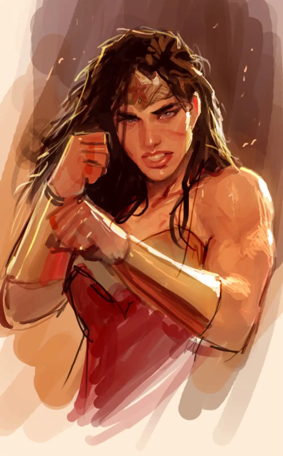 A digital painting of Wonder Woman in a fighting stance, wearing her iconic red and gold armor and tiara, with a determined…
